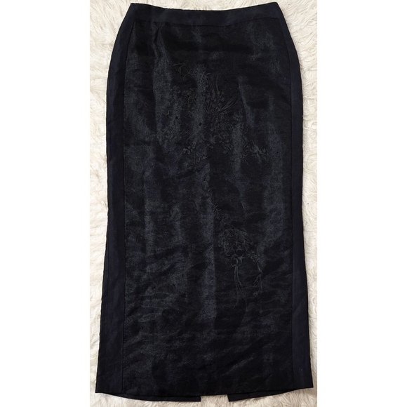 Vintage Y2K 90s Maxi Skirt Black Floral Linen Silk A Line Whimsigoth Goth Fairy - Picture 3 of 5